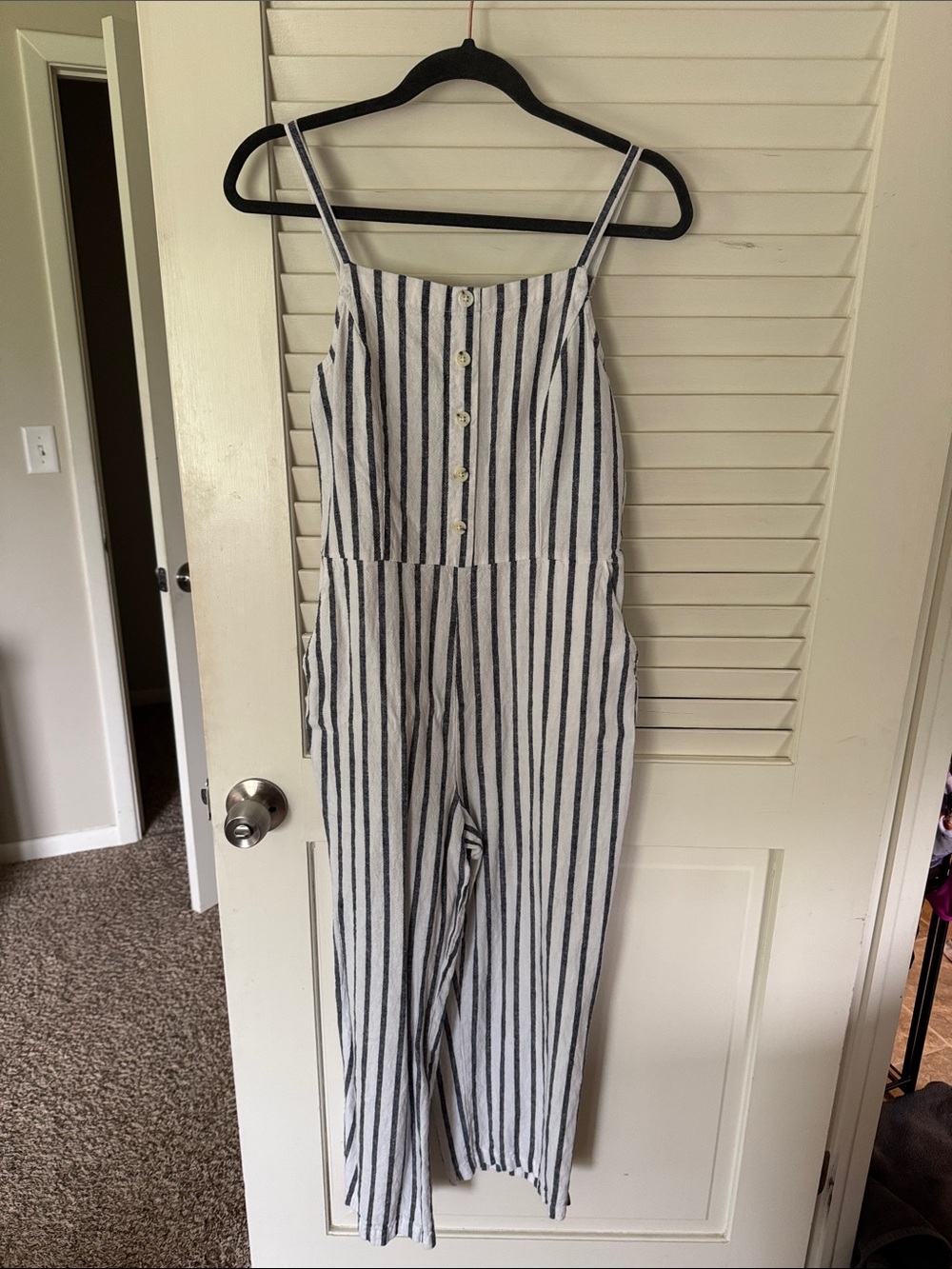 Old Navy White & Black Striped Linen-Blend Jumpsuit